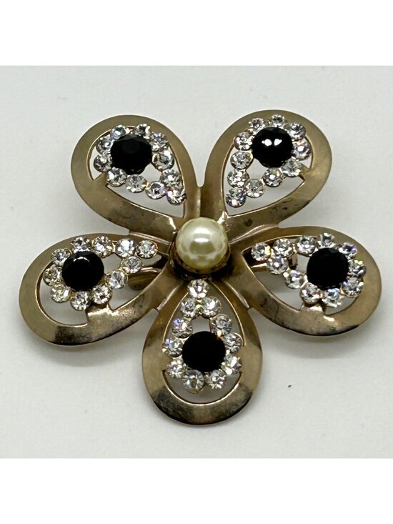 Estate Jewelry - Vintage Gold Tone Flower Brooch Black Clear Rhinestones Faux Pearl Center Floral